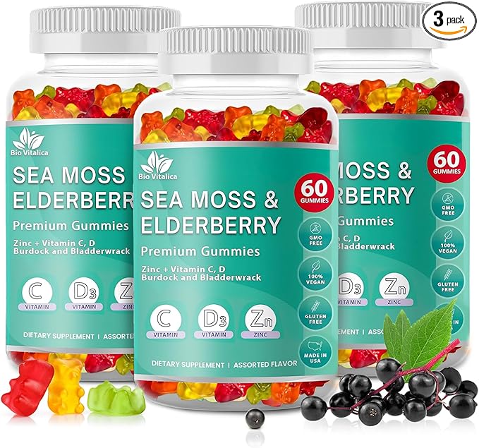 BIO VITALICA Sea Moss Gummies Elderberry BioVitalica - Vitamin C D + Zinc - Irish Seamoss Vegan Gummy with Sea Moss Gel & Powder for Immunity, Detox - for Adults and Kids (3Packs)