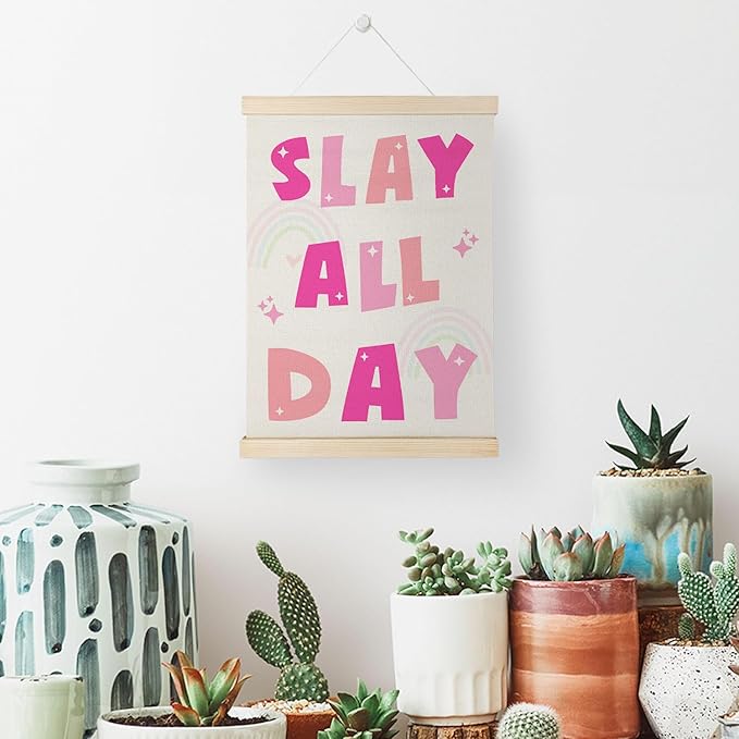 Nrleey Funny Slay All Day Wall Decor with Wooden Poster Hanger - Girly Room Decor Aesthetic, Trendy Pink Preppy Wall Art Posters for Girls Room Dorm Bedroom Apartment, 12x16 Inch
