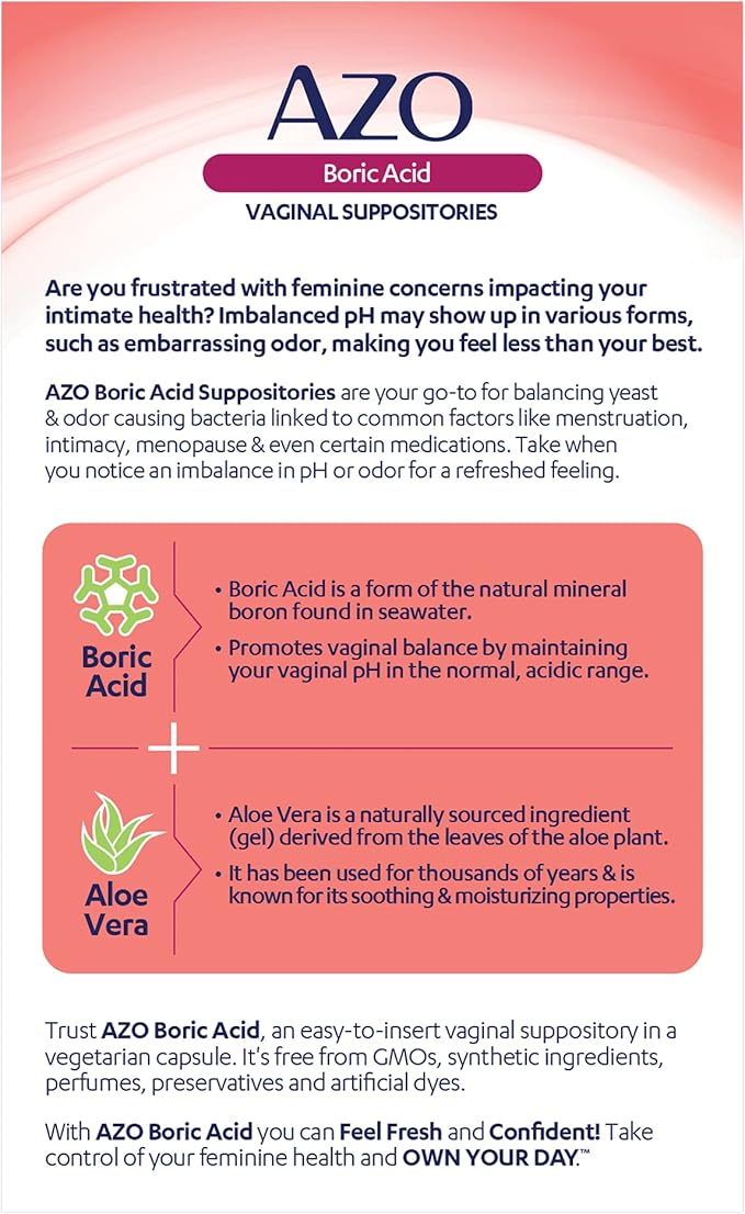 AZO Boric Acid Vaginal Suppositories, Helps Support Odor Control and Balance Vaginal PH with Clinically Studied Boric Acid, Non-GMO, 30 Count (Pack of 2)