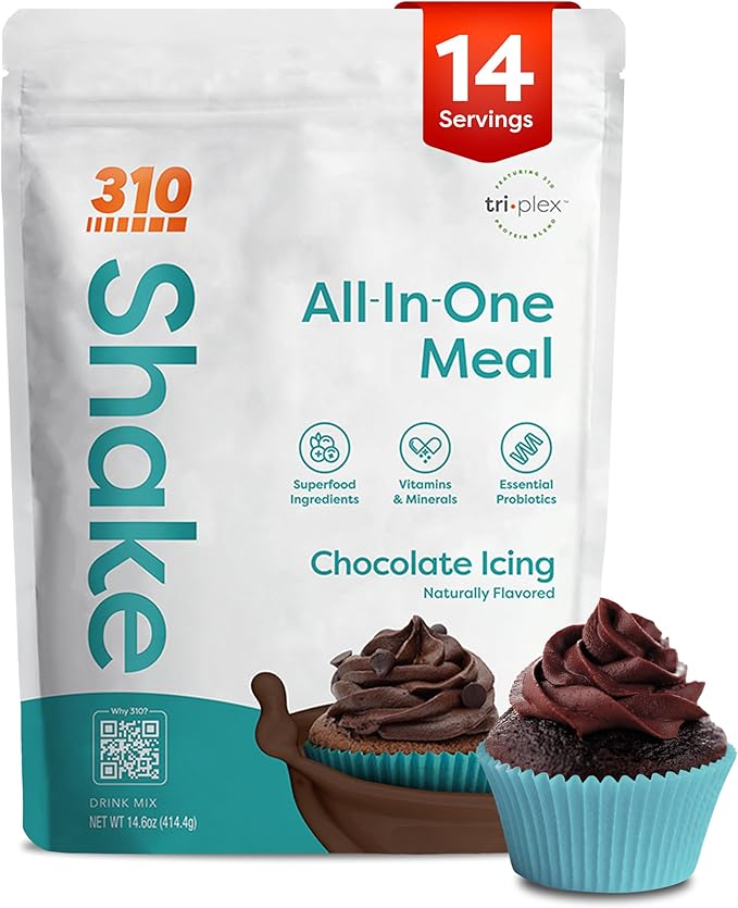 310 Nutrition All-in-One Meal Replacement Shake Powder - Plant-Based Protein Smoothie Blend w/High Fiber, Probiotics & Adaptogens - Low Carb, Vegan, Keto & Paleo Friendly - Chocolate Icing - 14 SRV