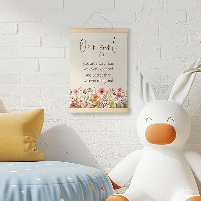 Nrleey Girl Nursery Wall Decor with Wooden Poster Hanger - Baby Girls Room Decor, Our Girl Inspirational Wall Art Posters for Toddler Little Girls Room Bedroom Playroom,12x16 Inch