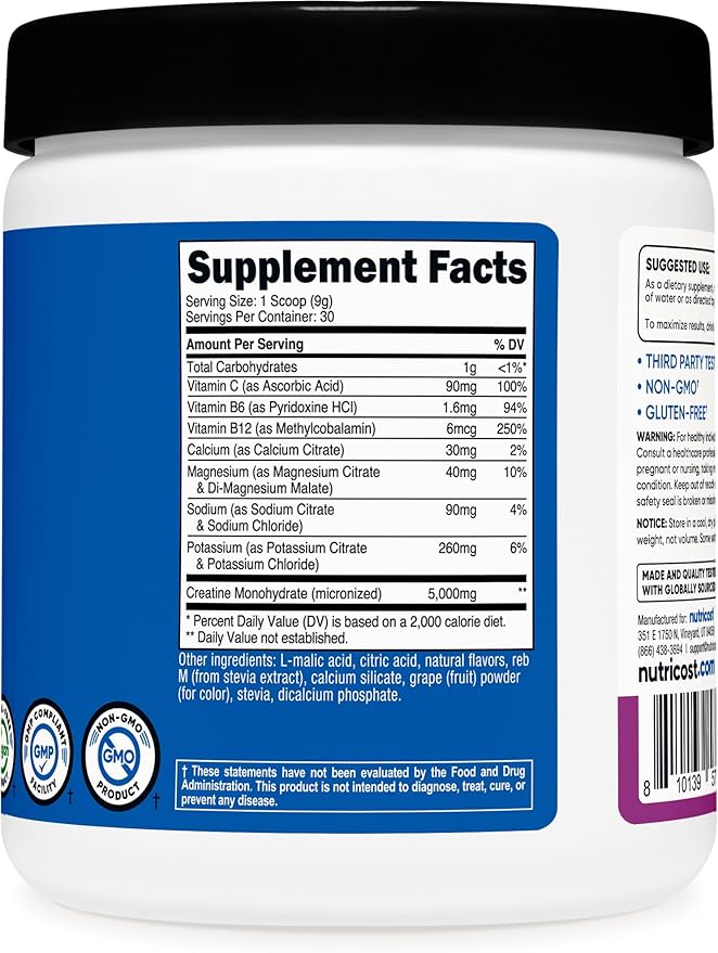 Nutricost Creatine Monohydrate + Hydration Grape Flavored (30 Servings) - 7 Vitamins & Minerals, 5000mg of Creatine Per Serving
