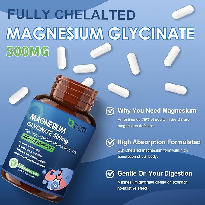 NATURE TARGET Magnesium Glycinate 500mg, Chelated Magnesium with Zinc & Vitamin D3 for Muscle, Nerve & Bone, Support Heart Health & Leg Cramp, Strength Immune System - 120 Capsules