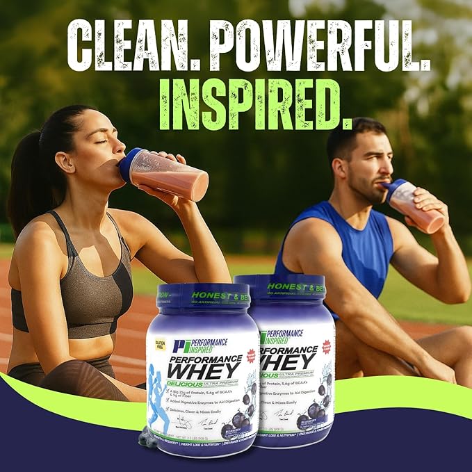 PERFORMANCE INSPIRED Nutrition WHEY Protein Powder – All Natural – 25G Protein – BCAAs – Digestive Enzymes – Fiber Packed – Blueberry – 2lb