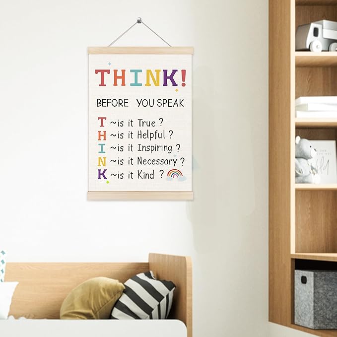 Welshower Boho Classroom Poster Hanger Frame, Think Before You Speak Educational Mental Health Wall Art Prints Decor for Classroom Therapy Counselor Office Framed, 12x16 Inch