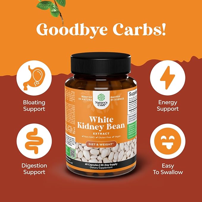White Kidney Bean Extract Carb Blocker - White Kidney Beans Supplement for Metabolism Boost & Ease Calories from Starchy Food - Carb Control Supplements - 60 Capsules