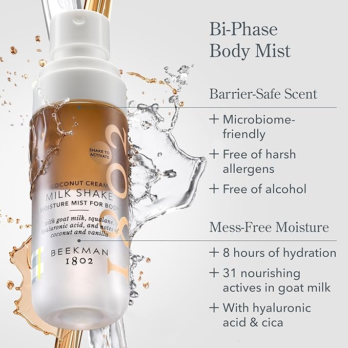 Beekman 1802 Milk Shake Body Mist - Coconut Cream 4.7 fl oz - Hyaluronic Acid, Jojoba Oil, Instantly Moisturizes, Hydrates & Softens, Good for Sensitive Skin, Cruelty Free