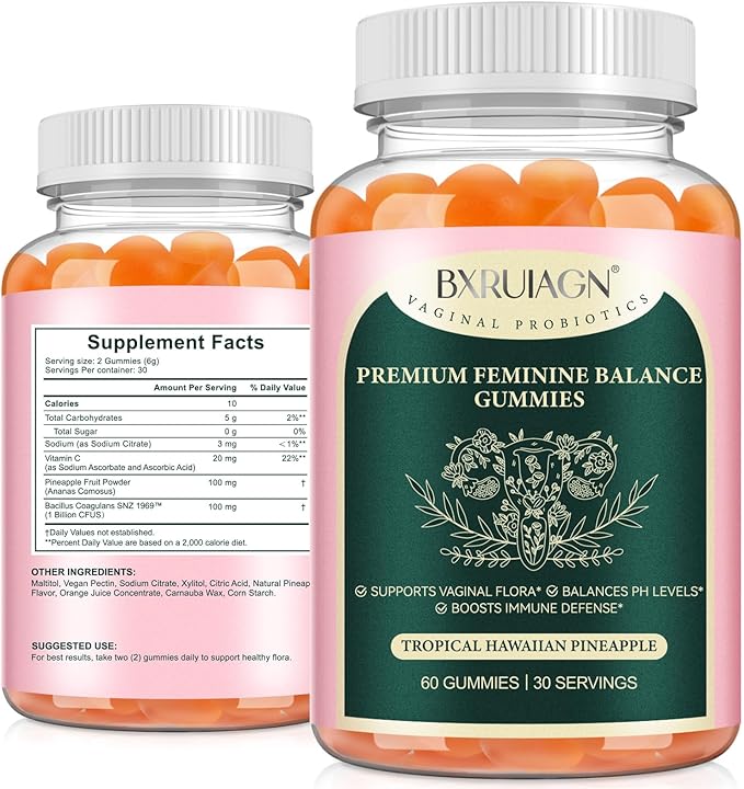 Premium Feminine Balance Gummies, Pineapple Gummies for Women ph, Supports Vaginal Flora, Balances Ph Levels, Boosts Immune Defense, Vegan, Gluten-Free - Hawaiian Pineapple - 60 Count