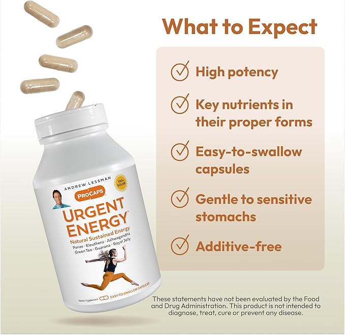 ANDREW LESSMAN Urgent Energy 180 Capsules - Provides a Safe, Healthy Means of Enhancing Energy Levels and Feelings of Well-Being, Green Tea, Guarana, Ginseng, Royal Jelly, Ashwagandha, B-Complex