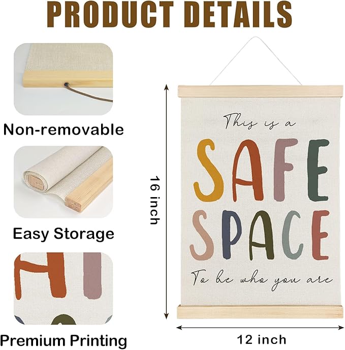 Nrleey Boho This Is A Safe Space Wall Decor with Wooden Poster Hanger - Therapy Counselor Office Decor, Mental Health Wall Art Posters for Calming Corner Classroom Playroom, 12x16 Inch