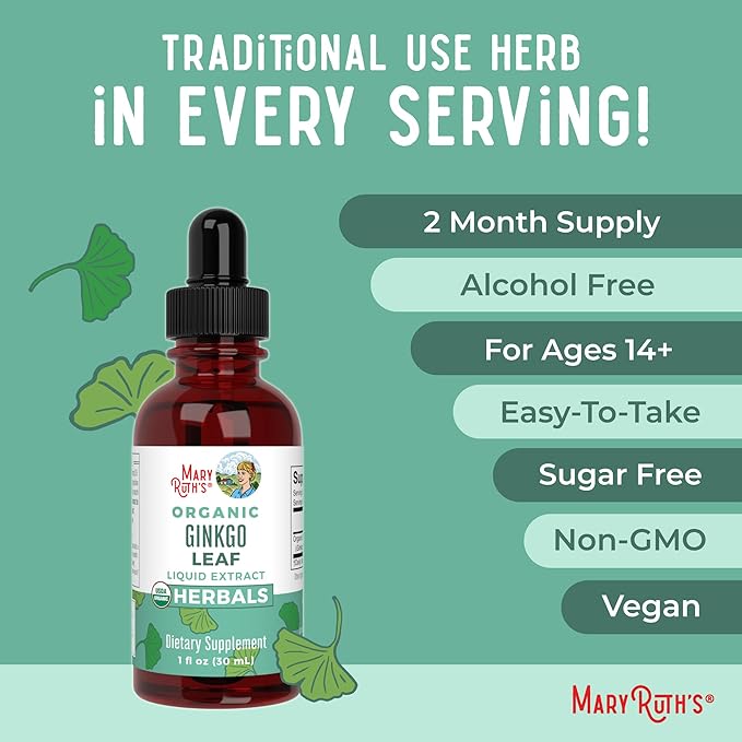 MaryRuth Organics Ginkgo Leaf Liquid Drops | Herbal Supplement | Nootropic | Circulatory System & Nervous System Health | USDA Organic | Non-GMO | Vegan | 60 Servings