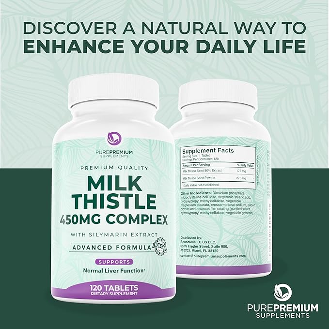 PurePremium Milk Thistle Supplement, 120 Tablets, 80% Silymarin Standardized Extract - High Potency Pure 450mg Complex – Supports Normal Liver Function & Overall Health – Non-GMO, Gluten-Free