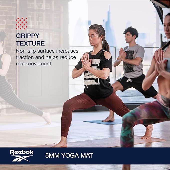Reebok 5mm Solid Yoga Mat 68" x 24" Non-Slip, Lightweight, Foldable, and Durable Exercise Mat with Carry Strap for Home Workout, Yoga, Pilates, Fitness, and Outdoor Training