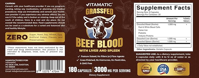 Vitamatic Grass Fed Beef Blood with Liver and Spleen - 180 Capsules - Freeze Dried & Non-GMO - Pasture Raised Glandular Supplement - Made in USA