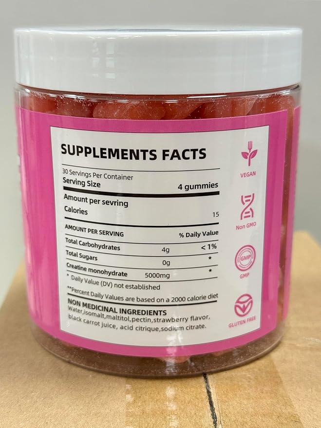 Creatine Monohydrate Gummies 5g for Men Women,Sugar Free Chewables Creatine Pre-Workout for Muscle Strength, Strawberry and Watermelon Flavor, 120 Count