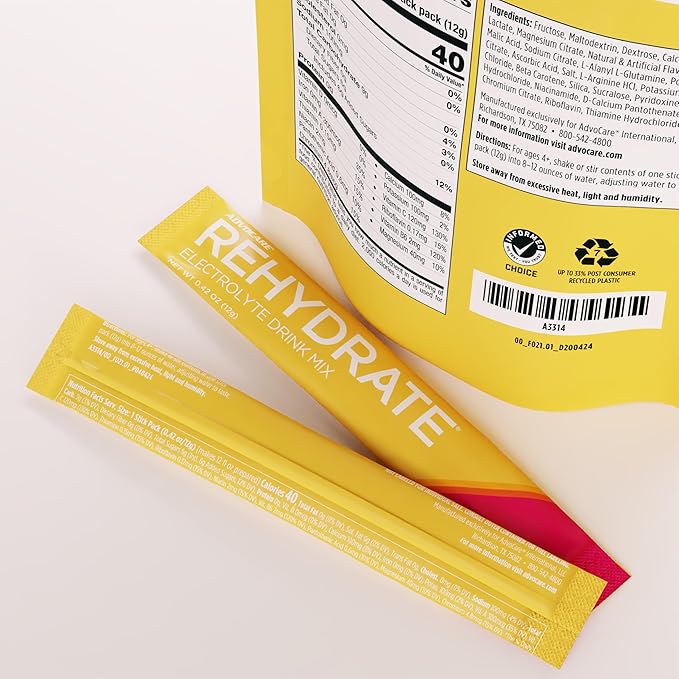 AdvoCare Rehydrate Electrolyte Drink Mix - Hydration & Recovery Drink with Sodium, Potassium & More - Mango Pineapple - 15 Hydration Packets