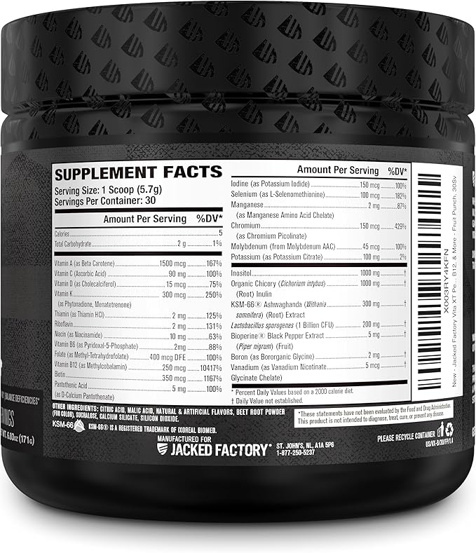 Jacked Factory Vita XT Performance Vitamin Powder - Daily Multivitamin Powder for Men with KSM-66 Ashwagandha, Prebiotic Fiber, Vitamin A, C, D, K, B6, B12, & More - Fruit Punch, 30Sv