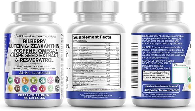 Clean Nutra Eye Vitamins with Bilberry Lutein and Zeaxanthin Supplements Lycopene 40mg Resveratrol Grape Seed Astaxanthin for Eyes - Eye Care Health Support Eye Vitamin and Mineral Supplement
