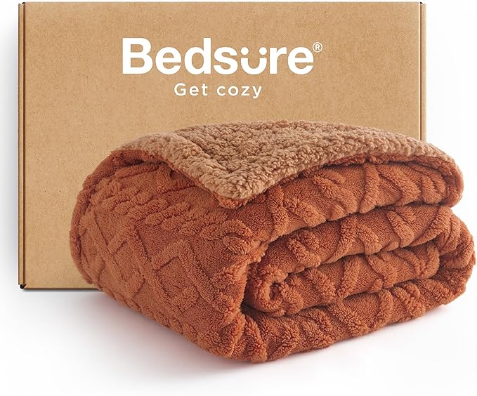 Bedsure Sherpa Fleece Throw Blanket for Couch - GentleSoft Fluffy & Cozy Cable Jacquard Tufted Throw for Women Gift, Thick and Warm Blankets for Winter, Orange, 50x60 Inches