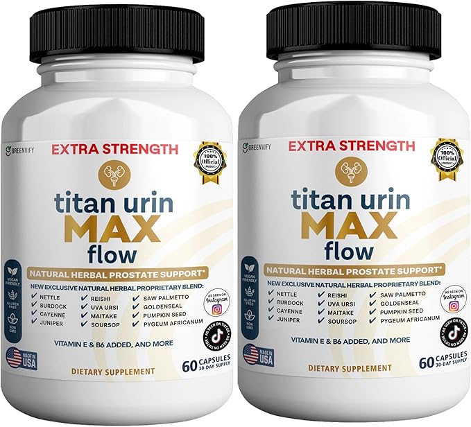 Titan Urin Max Flow Natural Prostate Supplement, 60 Capsules, Extra Strength Herbal Complex with Saw Palmetto, Vitamins E & B6 (2)