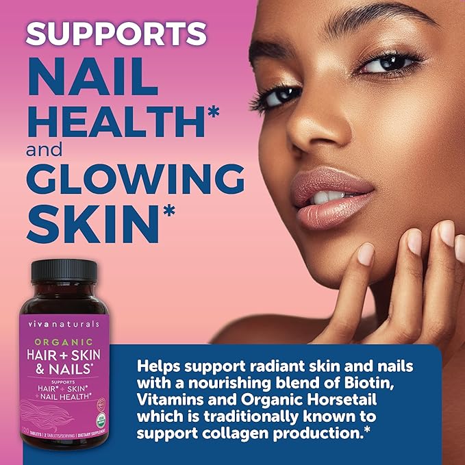 Hair Skin Nails Vitamins for Women - Vegetarian-Friendly Organic Vitamins for Hair Skin and Nail Health Support with Vitamin E & Biotin 5000 mcg to Help Produce Keratin - 120 Tablets