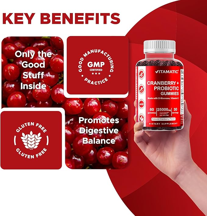 Vitamatic Vegan Cranberry Gummies with D-Mannose, Probiotics & Vitamin C – 25,000 mg Equivalent per Serving (from 50:1 Extract 500 mg) – 60 Count – Urinary Tract Health Support for Women
