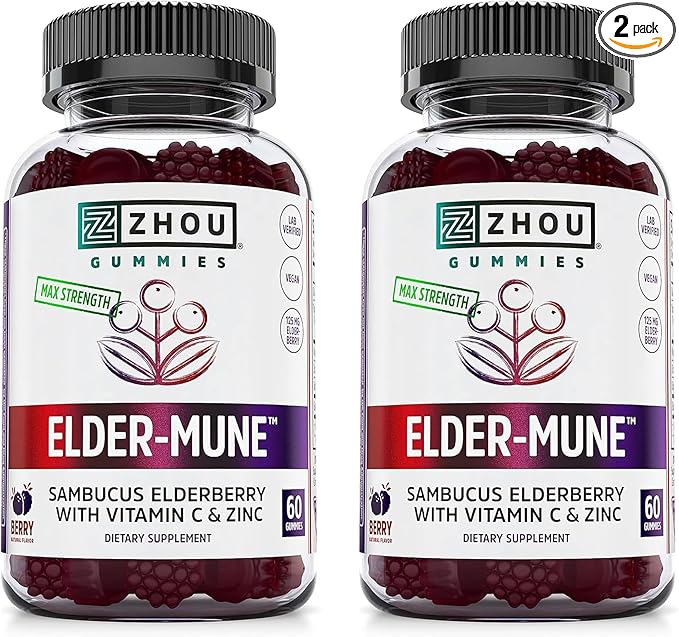 ZHOU Elder-Mune Elderberry Gummies - Black Elderberry, Vitamin C, & Zinc, Daily Immune Support Supplement for Women & Men, Natural Chews for Adults & Children 4 & Up - 60 Gummies (2 Pack)
