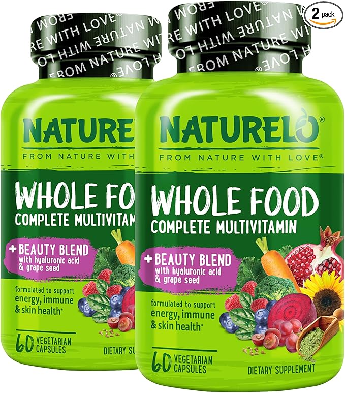 NATURELO Whole Food Multivitamin with Extra Hair, Skin & Nails Support - Beauty Blend with Hyaluronic Acid & Grape Seed - High Potency Biotin, Vitamin C, & Glutathione, 60 Vegan Capsules (Pack of 2)