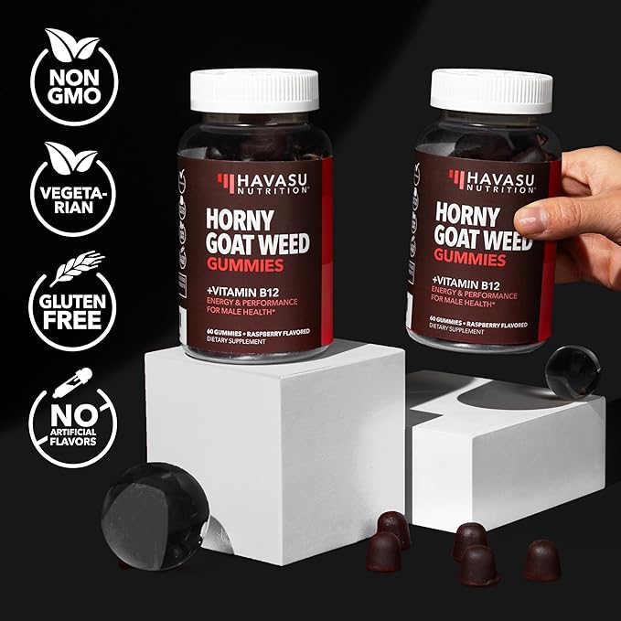 Horny Goat Weed Gummies with Vitamin B12 - Energy, Endurance & Performance Support for Male Health - 30 Count - Vegetarian-Friendly, Non-GMO, Pectin-Based - Raspberry Flavor, 15 Servings