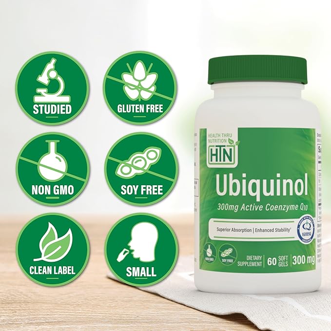 Health Thru Nutrition Ubiquinol 300mg 60 Softgels as Kaneka QH Reduced CoQ-10 | Stabilized - 3rd Party Tested | Enhanced Bioavailability | Cardiovascular & Mitochondria Function Support | Non-GMO