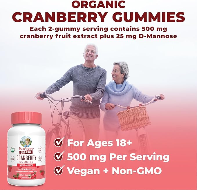 MaryRuth Organics Organic Cranberry Gummies - 500mg Supplement | Urinary Tract Health for Women | with D Mannose | Traditional Use | USDA Organic | Vegan | Non GMO | 30 Servings