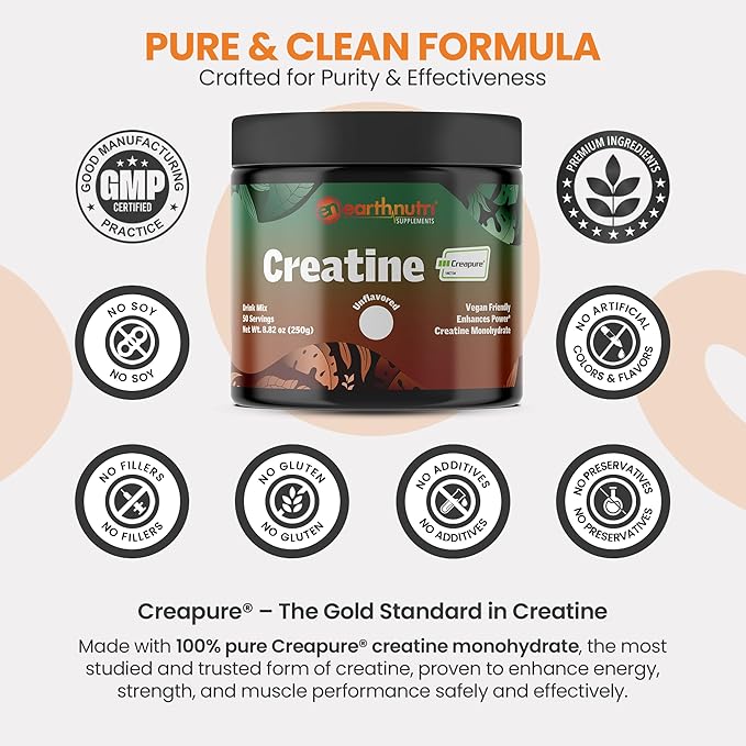 Creatine Monohydrate Powder - Pure Creatine Supplement for Muscle Strength, Strength & Performance – Non-GMO, Sugar-Free, Additive-Free – for Men & Women, Unflavored 250g