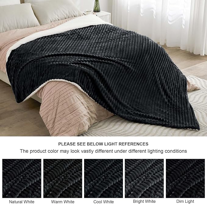 INFIIXSO Sherpa Fleece Queen Size Blanket - Super Soft & Warm Striped Fleece, Cozy Plush Fluffy Large Bed Blanket All Season Use (Black, 90x90 Inches)