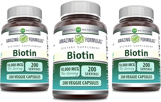 Amazing Formulas Biotin 10000 mcg Veggie Capsules | Vitamin B7 Supplement | Non-GMO | Gluten Free | Made in USA (200 Count | 3 Pack)