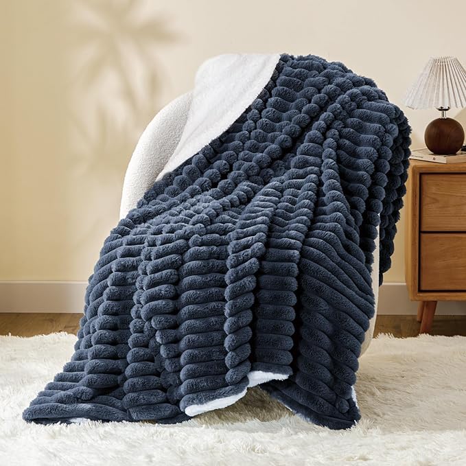 INFIIXSO Sherpa Throw Blanket for Couch - Super Soft & Warm Striped Fleece Blanket, Cozy Plush Fluffy Blanket All Season Use (Navy Blue, 60x80 Inches)