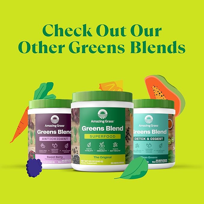 Amazing Grass Greens Blend Superfood: Super Greens Powder Smoothie Mix with Spirulina, Chlorella, Beet Root Powder, Digestive Enzymes, Prebiotics & Probiotics, Original, 15 Servings (Packaging May Vary)