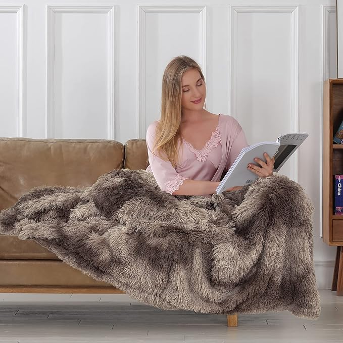 Tuddrom Decorative Extra Soft Faux Fur Blanket Queen Size 80" x 90",Solid Reversible Fuzzy Fluffy Plush Fleece Comfy Microfiber Fur Blanket for Couch Sofa Bed,Tie DyeBrown