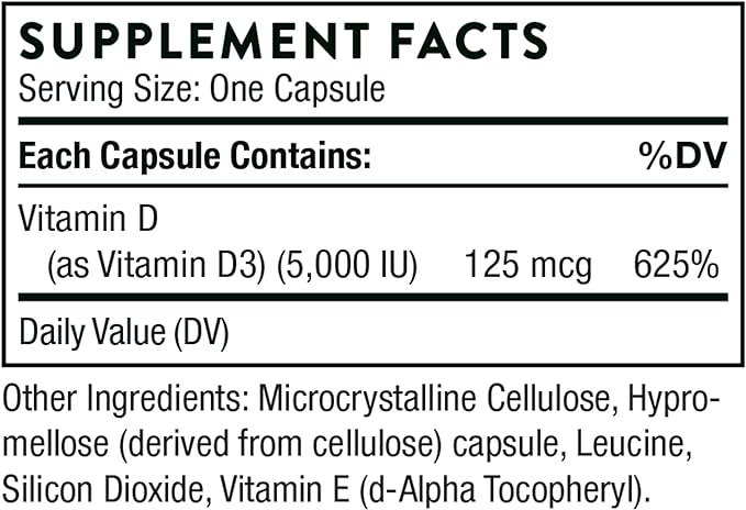 THORNE - Vitamin D-5000 - Vitamin D3 Supplement - Support Healthy Bones, Teeth, Muscles, Cardiovascular, and Immune Function* - NSF Certified for Sport - Dairy-Free, Soy-Free - 60 Capsules