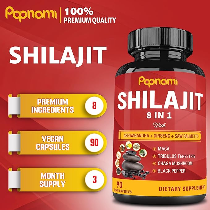 Shilajit Himalayan Capsules - 3 Month Supply - Combined Ashwagandha, Ginseng, Saw Palmetto, Maca, Tribulus, Chaga, Black Pepper