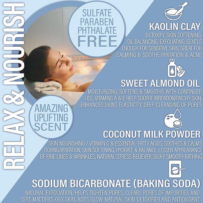Vegan Milk Bath Soak Made with Moisturizing Coconut Milk Powder & Sweet Almond Oil for a Bath Bomb Dust Soothing Fizz & Relaxing Soak, 8 oz. (Blueberry Muffin)