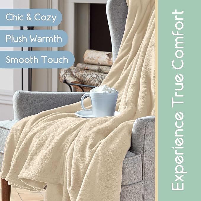 Full/Queen Size Microfleece Blanket | Fleece Bed Blanket | All-Season Comfort| Supersoft Lightweight Throw Blanket | Plush Throw Blanket for Bed Couch or Sofa | Travel Blanket | Pet-Friendly | Ivory