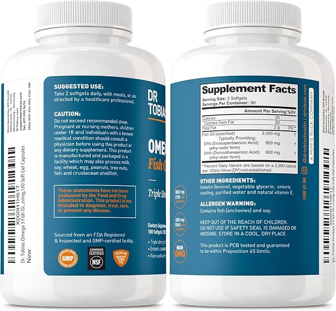 Dr. Tobias Omega 3 Fish Oil, 2000mg Triple Strength with 800mg EPA 600mg DHA Per Serving, Fish Oil Omega 3 Supplements for Heart, Brain & Immune Support, 180 Softgels, 90 Servings