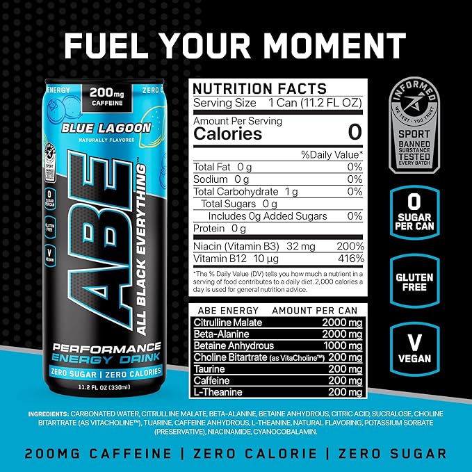 All Black Everything Sugar Free Energy Drink | Blue Lagoon | 0 Calories | 12 Pack | 200mg Natural Caffeine | Pre-Workout Sport Drink for Men and Women