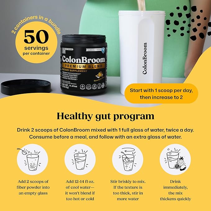 ColonBroom Premium Weight Management Supplement (Strawberry) - Colon Broom Psyllium Husk Fiber Powder Drink - Gluten Free, Non-GMO Colon Cleanse for Bloating Relief & Gut Health, 100 Servings