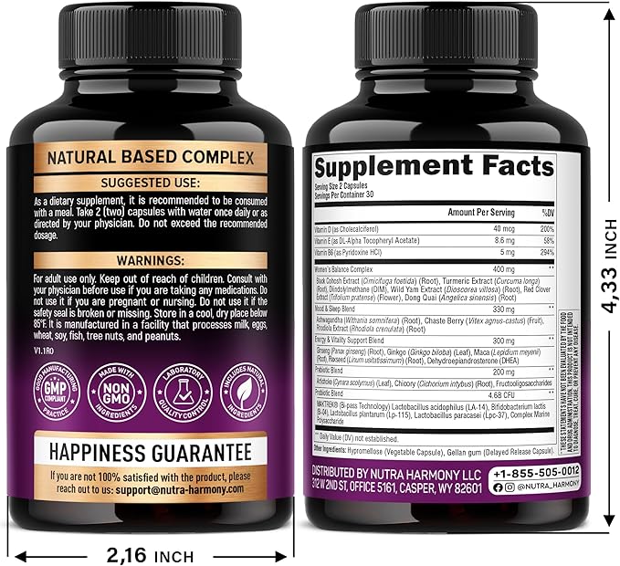 Menopause Supplements for Women - Dong Quai, Black Cohosh, Pre & Probiotics - Sweats & Hot Flashes Relief - Digestion, Sleep & Mood Support - 25-in-1 Perimenopause Complex - Made in USA - 60 Capsules