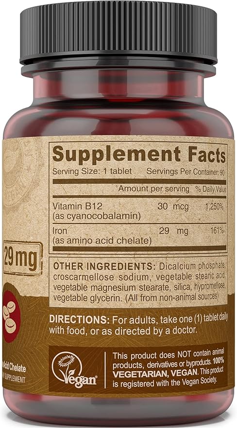 Deva Nutrition Vegan Chelated Iron 29 mg Fortified with B-12 - High Potency, Easy to Swallow - 90 Tablets, 1-Pack