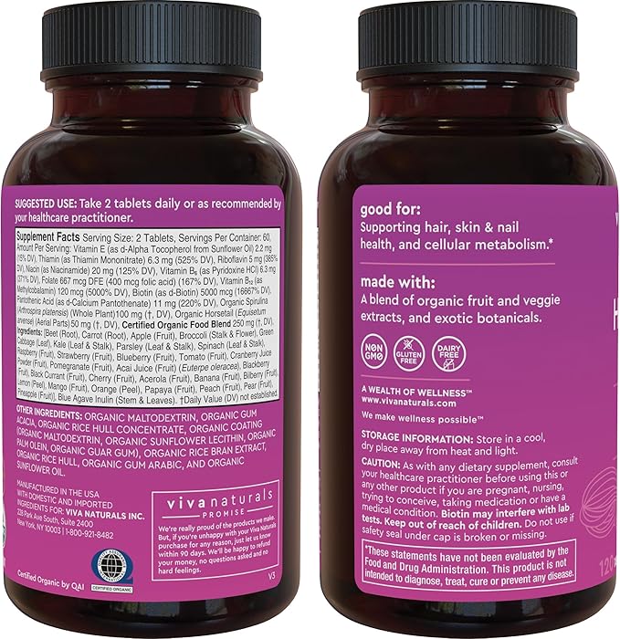 Hair Skin Nails Vitamins for Women - Vegetarian-Friendly Organic Vitamins for Hair Skin and Nail Health Support with Vitamin E & Biotin 5000 mcg to Help Produce Keratin - 120 Tablets