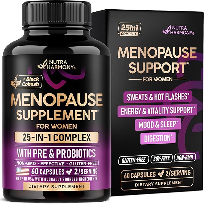 Menopause Supplements for Women - Dong Quai, Black Cohosh, Pre & Probiotics - Sweats & Hot Flashes Relief - Digestion, Sleep & Mood Support - 25-in-1 Perimenopause Complex - Made in USA - 60 Capsules