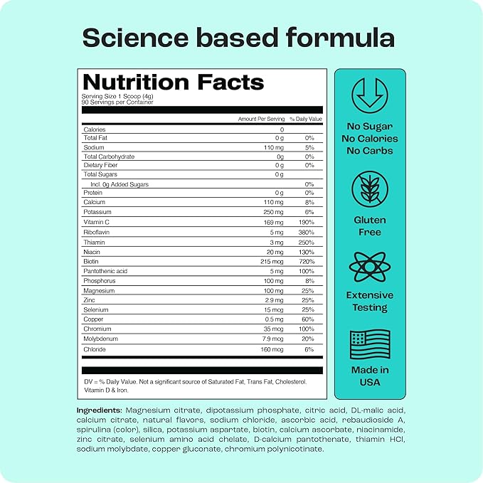 KEY NUTRIENTS Multivitamin Electrolytes Powder No Sugar - Sweet Blue Raspberry Electrolyte Powder - Endurance & Energy Supplement - Hydration Powder - No Calories - 90 Servings - Made in USA