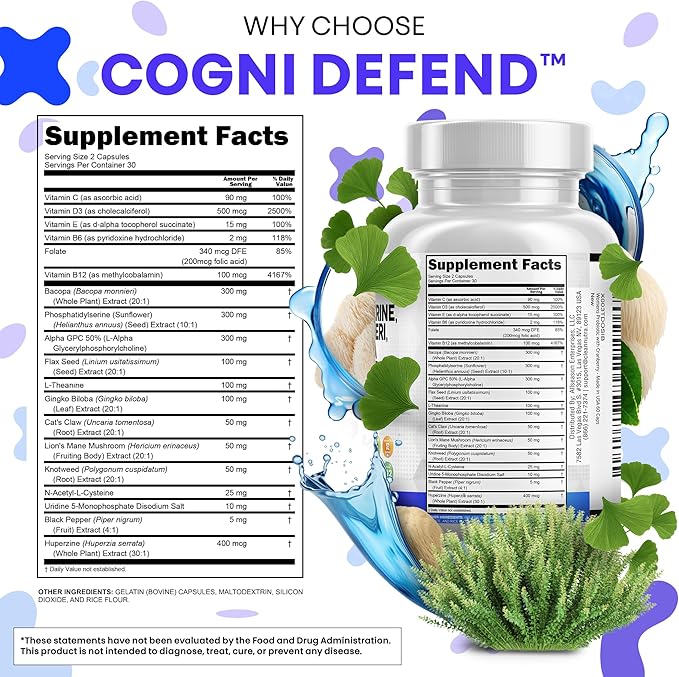 Clean Nutraceuticals Alpha GPC Choline Phosphatidylserine Bacopa Monnieri Ginkgo Biloba Huperzine A Supplement with Urdine Lions Mane Cats Claw NAC Vitamin C B D E